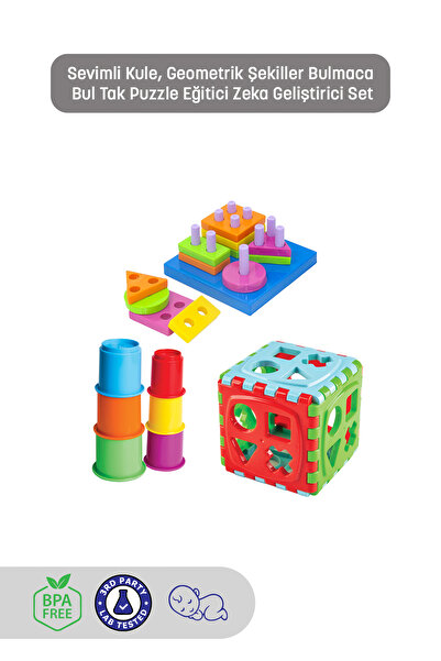 Kiki Sevimli Kule + Geometrik Şekiller Bulmaca + Bul Tak Puzzle Eğitici Zeka Geliştirici Set