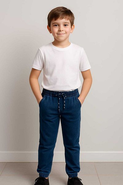 gigigiyim Plain Blue Boy's Jeans with Cargo Pockets and Elastic Legs