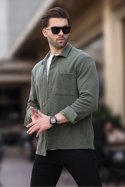 Madmext Ανδρικό πουκάμισο Fleece 6752 - Χακί στάμπα και μονή τσέπη