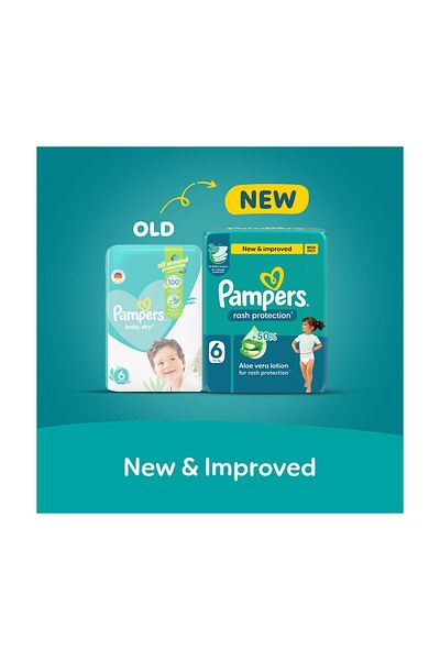 Pampers Rash Pro. Taped Diapers, S 6, 13+kg,+50% Aloe Vera Lotion, 3x Fortified Layers, Giant Pack, 46 Ct