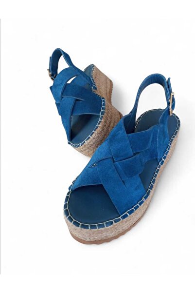 Rugano Kot Mavi Hakiki Deri Kadın Espadril Sandalet