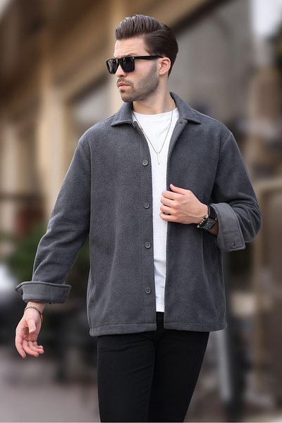 Madmext Men's Fleece Shirt 6753 - Smoked, Buttoned