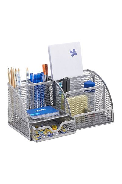 Relaxdays Metal Desk Organizer, 6 Compartments, Drawer, Silver, 12.5 X 27.5 X 14 Cm