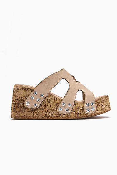 Limoya Γυναικείες παντόφλες Freya Beige με βιδωτή λεπτομέρεια