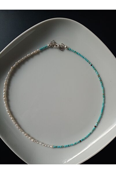 Mudita Tasarım 2 mm İran nişabur turkuaz , 1/2 mm gerçek doğal tatlı su apa inci kolye