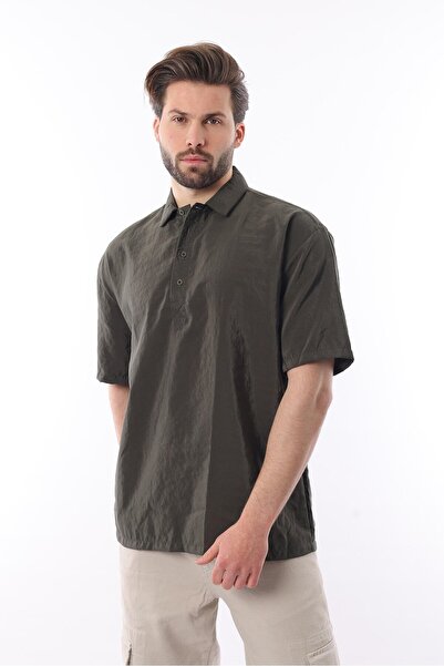 Madmext Khaki Oversize Relaxed Cut Short Sleeve Shirt 6744