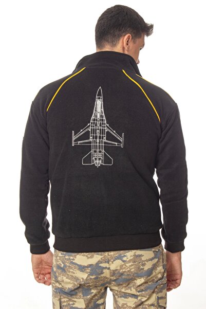 İZMİR ASKERİ MALZEME Air Force F 16 Fighting Falcon Long Sleeve Black Color Zipper Bato Collar Fleece