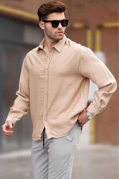 Madmext Μπεζ μακρυμάνικο oversize ανδρικό πουκάμισο 6733