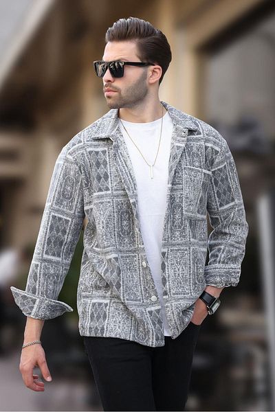 Madmext Ανδρικό πουκάμισο Fleece 6751 - Γκρι στάμπα και μονή τσέπη