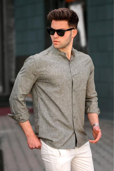 Madmext Men's Khaki Linen Plain Long Sleeve Shirt 5548