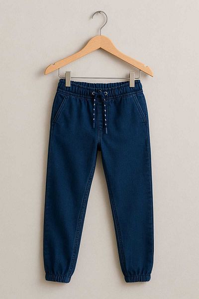 gigigiyim Plain Blue Boy's Jeans with Cargo Pockets and Elastic Legs