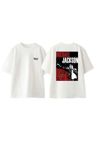 THEWERT Tricou supradimensionat alb din bumbac imprimat pe spate cu poster Michael Jackson