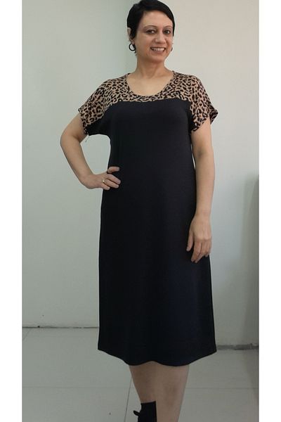 Mertcan Butik Μαύρο μπροστινό μπουφάν ώμου μαύρο λεοπάρ μοτίβο χαμηλού μανίκι χτενισμένο βισκόζη φόρεμα