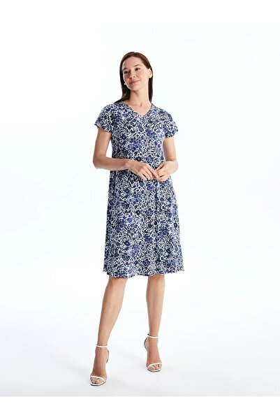 LC Waikiki LCW Grace Lacivert V Yaka Çiçekli A Kesim Kadın Elbise