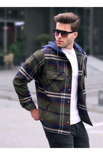 Madmext Πουκάμισο καρό ξυλοκόπο με χακί κουκούλα 5577