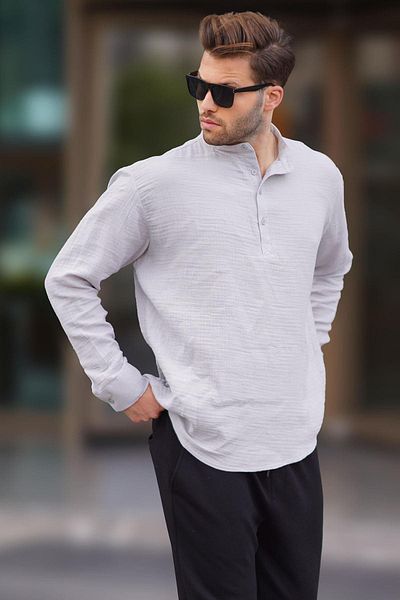 Madmext Gray Muslin Long Sleeve Men's Shirt - 6742
