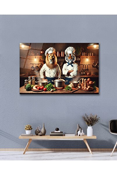 Çağ Baskı Aslan Kaplan Ocak Arkası Şef Aşçı Mutfak Cam Tablo Modern Ev Ofis Salon Oda Dekor Hediyelik
