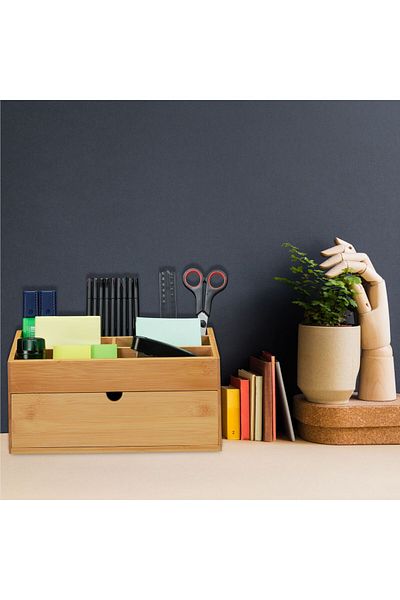 Relaxdays Desk Organizer, 7 Compartments, Drawer, Bamboo, 15 X 28 X 16.5 Cm