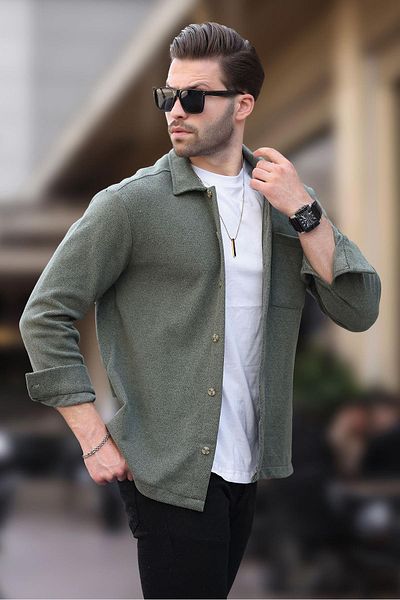 Madmext Ανδρικό πουκάμισο Fleece 6752 - Χακί στάμπα και μονή τσέπη