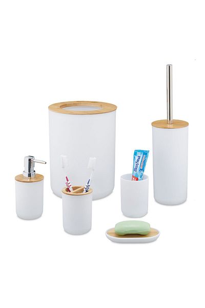Relaxdays bathroom accessory set, toilet brush, trash can, soap dispenser, toothbrush holder, glass