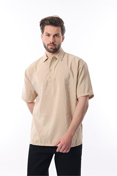 Madmext Beige Oversize Relaxed Cut Short Sleeve Shirt 6744