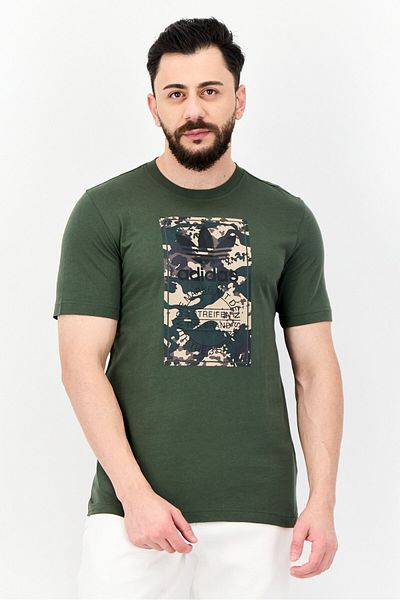 adidas Men Sportswear Fit Camouflage Logo Short Sleeve Outdoor T Shirt, Olive