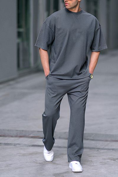 ruNadeS Men's Smoked Plain Oversize Two Thread Short Sleeve Tracksuit Set
