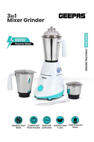 Geepas 3-In-1 Electric Mixer Grinder With Stainless Steel Jars 1.2 L 550 W GSB5080 White/Blue/Silver