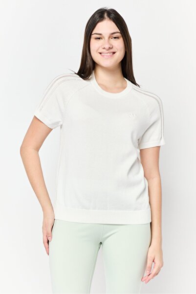 adidas بلوزة نسائية رياضية بأكمام قصيرة محبوكة للخارج، باللون الأبيض