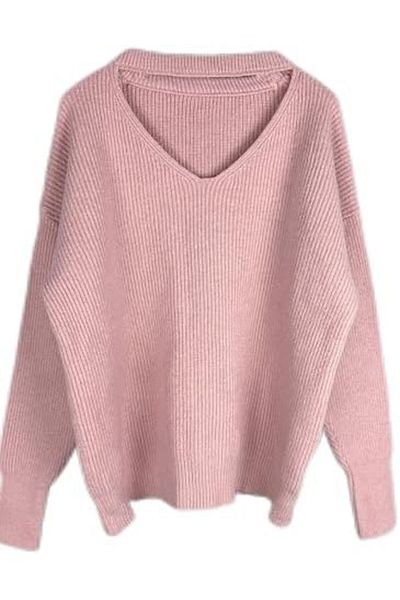 BUNCA Pink Ribbed Wide V-Neck Sweater for Women and Girls by BUNCA