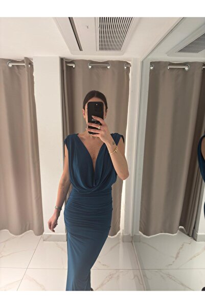 Whenever Company Petrol Yeşili Degaje Yaka Drapeli Yandan Yırtmaçlı Midi Boy Abiye Elbise