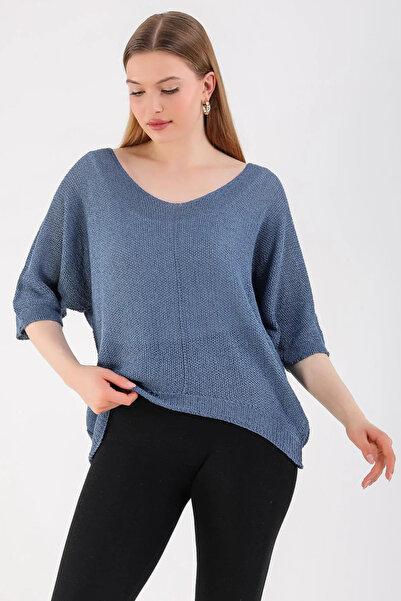 Fibula Bohem ve otantik tarz standart beden v yaka yarasa kol triko bluz