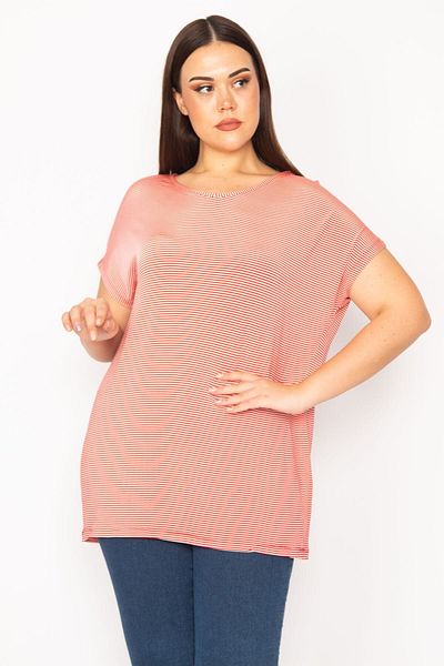 Şans Women's Large Size Red Back Detailed Low Sleeve Striped Blouse 65n30193