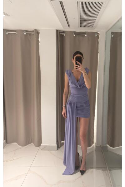 Whenever Company Lila Degaje Yaka Drapeli Asimetrik Uzun Drape Detaylı Mini Elbise