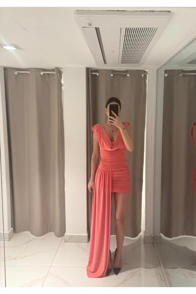 Whenever Company Somon Degaje Yaka Drapeli Asimetrik Uzun Drape Detaylı Mini Elbise
