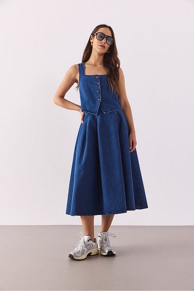 VENA Fusta de jeans cu lungime midi, plisată, evazată, albastru închis - ALBASTRU ÎNCHIS