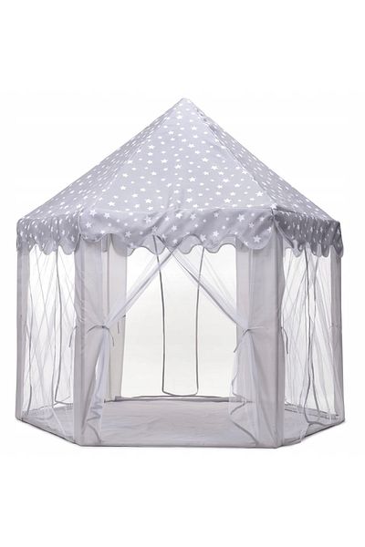 zola Cort de joaca pentru copii, Zola®, stil cort, cu perdele, inaltime totala 140 cm, alb-gri cu stelute