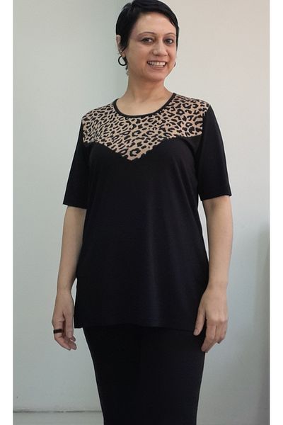 Mertcan Butik Black Front Tan Leopard Print Short-Sleeved Combed Viscose T-Shirt