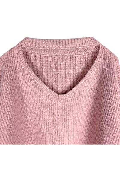 BUNCA Pink Ribbed Wide V-Neck Sweater for Women and Girls by BUNCA