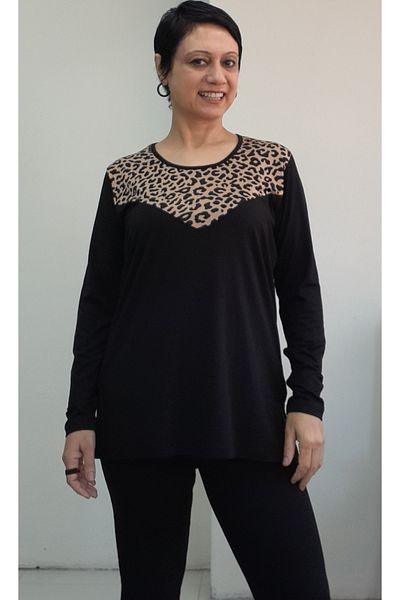 Mertcan Butik Black Front Leopard Print Long-Sleeve Combed Viscose T-Shirt