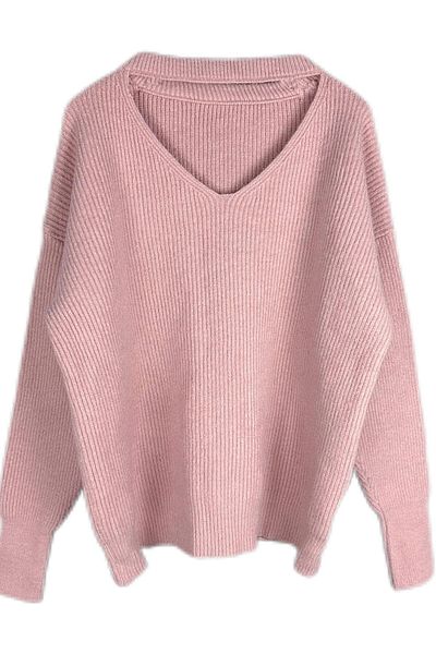 BUNCA Pink Ribbed Wide V-Neck Sweater for Women and Girls by BUNCA