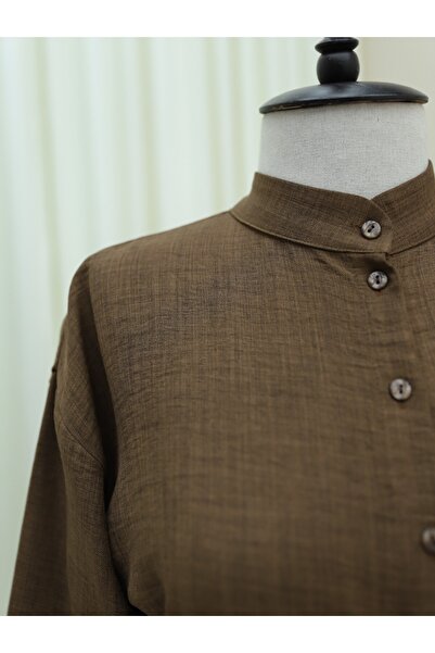 Modamorfo Half Button Stand Collar Tie Waist Linen Dress - Brown