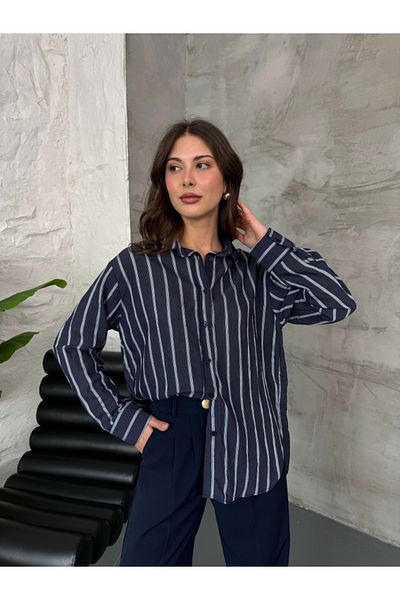 Elif Özbey Butik Navy Blue Striped Shirt