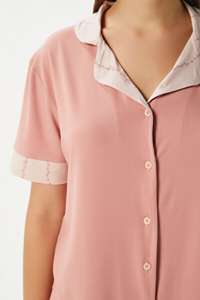 Ritnice Women's Ivy Soft Texture Powder Branch Pattern Front Button Short Sleeve Pajamas Set