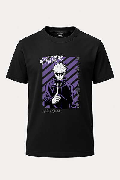 nirvoda ملابس أنيمي مانغا السوداء: تي شيرت Gojo Jujutsu مطبوع فضفاض بياقة دائرية