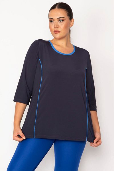 Şans Women's Large Size Navy Blue Tunic with Piping and Cup Detail 65n29275