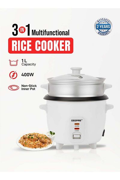 Geepas Multifunction Rice Cooker Includes Cook & Keep Warm Functions With Tempered Glass Lid, Aluminum Inne