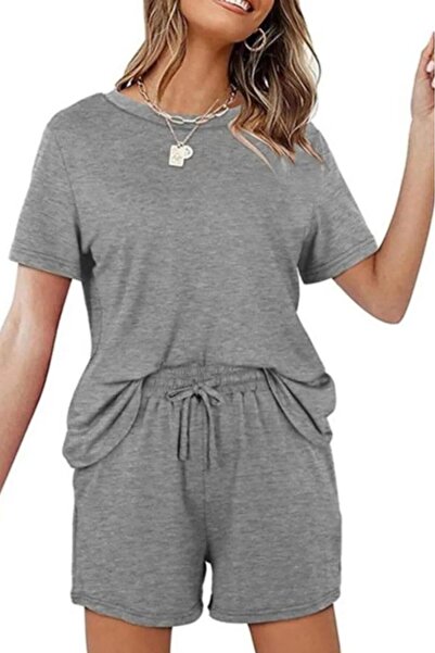 stg spor toptan giyim Women's Grimelange Plain Oversize Tshirt Gray Combed Cotton Shorts Set