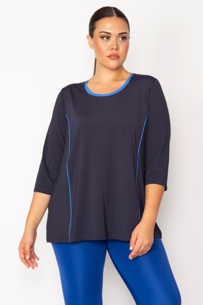 Şans Жіноча туніка великого розміру, темно-синя, з білою облямівкою та вирізо...