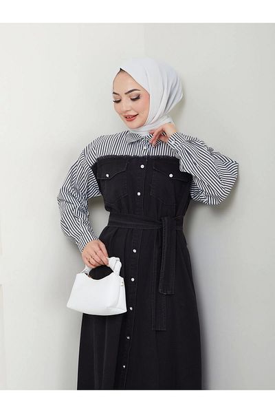 EFSUN MODA 775 Cămașă cu mâneci zgâriate neagră și rochie din denim detaliată